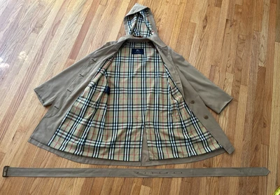 Original VTG 80's Burberry Trench Coat w/Hood & Belt Stains London Vintage