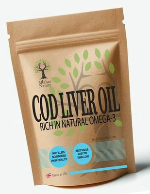 MOTHER NATURE Cod Liver Oil Capsules 1000mg High Strength Formula Omega 3 Vitamin A Vitamin D3