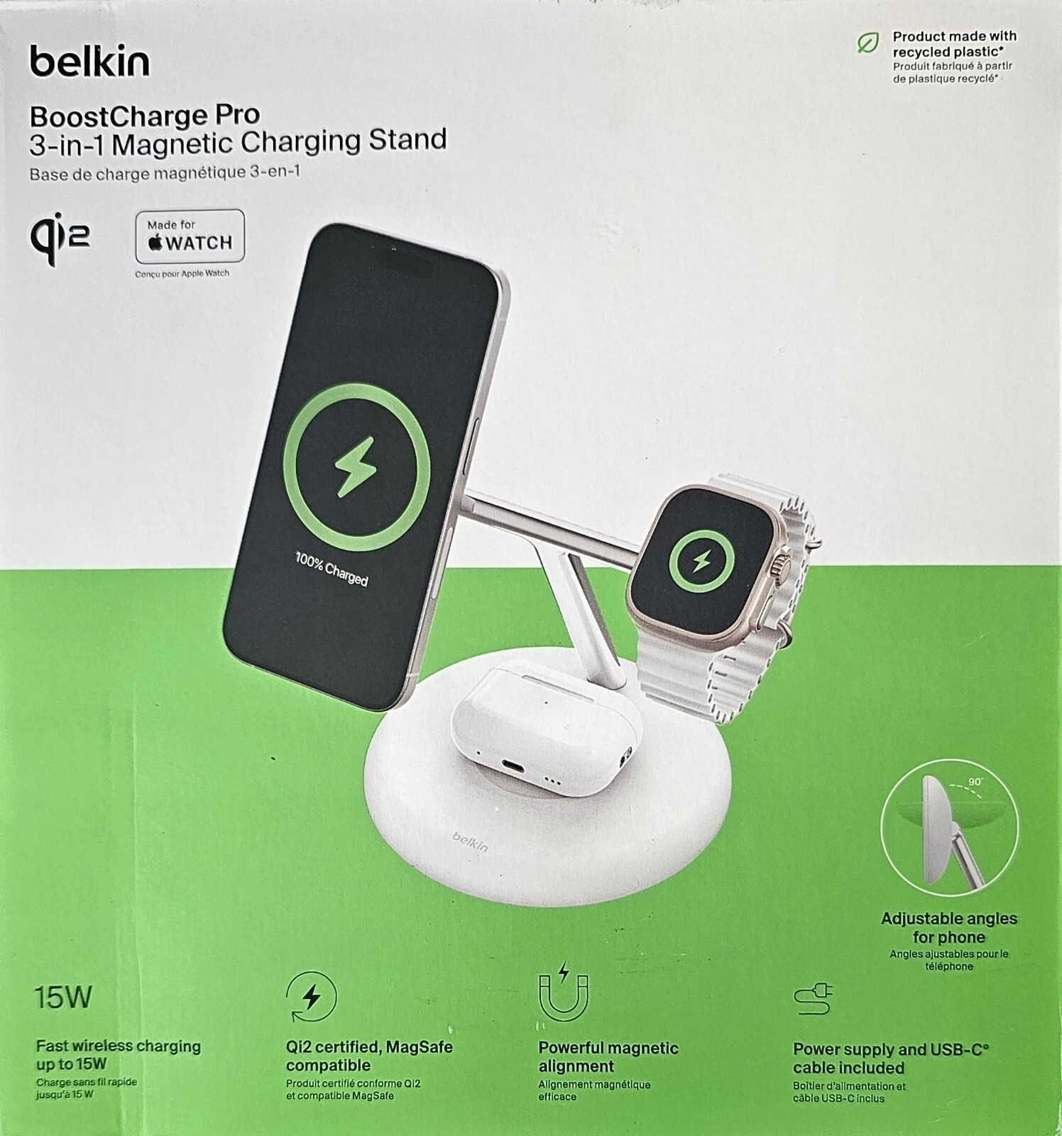 Belkin 3-in-1 Qi2 Wireless Charger 15W iPhone/Watch/AirPods – White