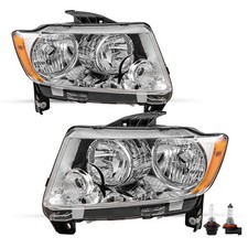 Halogen Headlights w/Bulbs for 2011-13 Grand Cherokee Chrome Amber Reflector L R