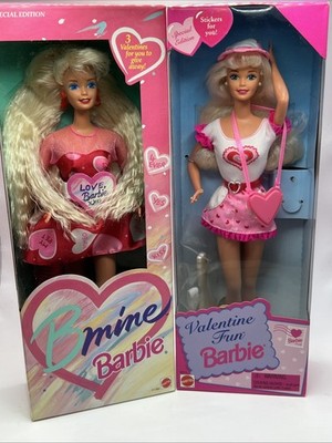B Mine Barbie 1993 & Valentine Fun Barbie 1996 Both New & Sealed Boxes
