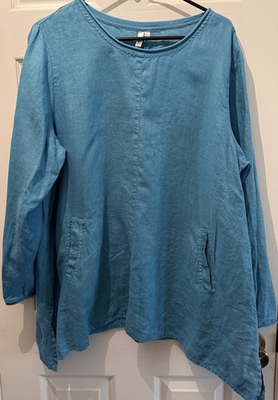 #ad Kleen Blue 100% Linen Button Tunic Size Large Lagenlook Coastal Pockets $22.99