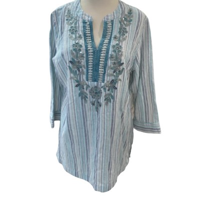 Large Soft Surroundings Womens Tunic Shirt Embelia Blue Green Embroidered Sequin