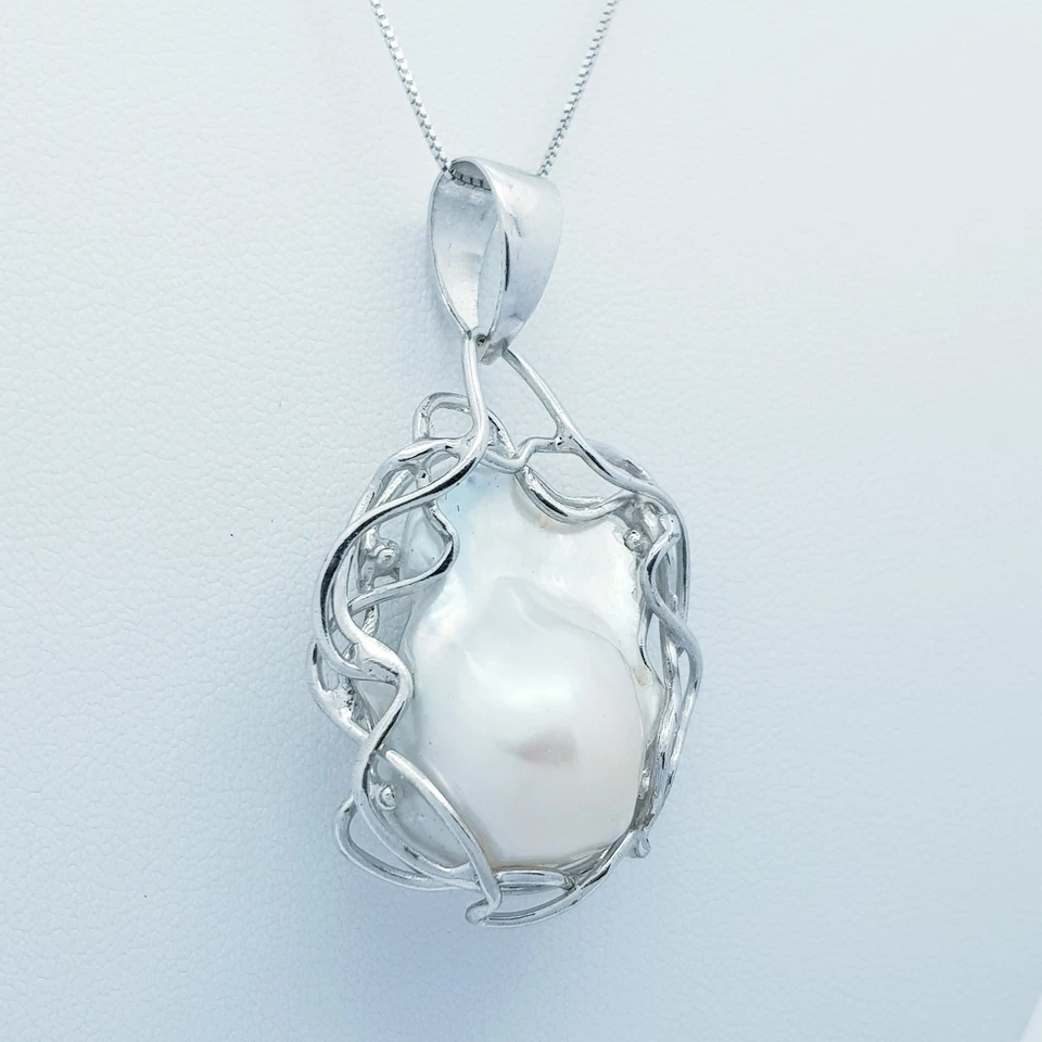 PERLA CIONDOLO ARGENTO RODIATO ORO PENDENTE BAROCCA 51 CARATI - Immagine 2 di 3