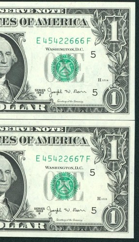 (( TWO CONSECUTIVE )) $1 1963 ((CHOICE CU)) ((JOSEPH BARR)) Federal Reserve Note