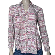 Maeve Women’s Size S White Pink Black Islet Print Button Down Split Neck Shirt
