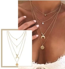 Women Layered Necklace Gold Crescent Moon Pendant Short Chain Jewelry