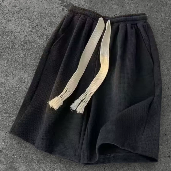 Mens Relaxed Fit Waffle Shorts Black Drawstring Y2K Summer Streetwear S-XL