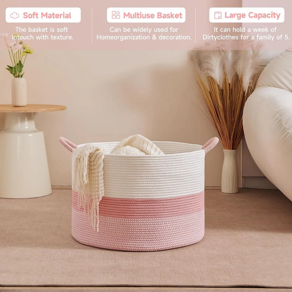 Cesta de armazenamento redonda de corda de algodão - 22x14,2 polegadas - Lixeira fofa para quarto de bebê, bebê para... - Imagem 3 de 4
