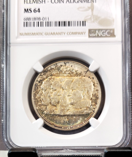 1951 BELGIUM SILVER 100 FRANCS CROWNED KINGS FLEMISH NGC MS 64 NICE COLOR TONING - Picture 3 of 3
