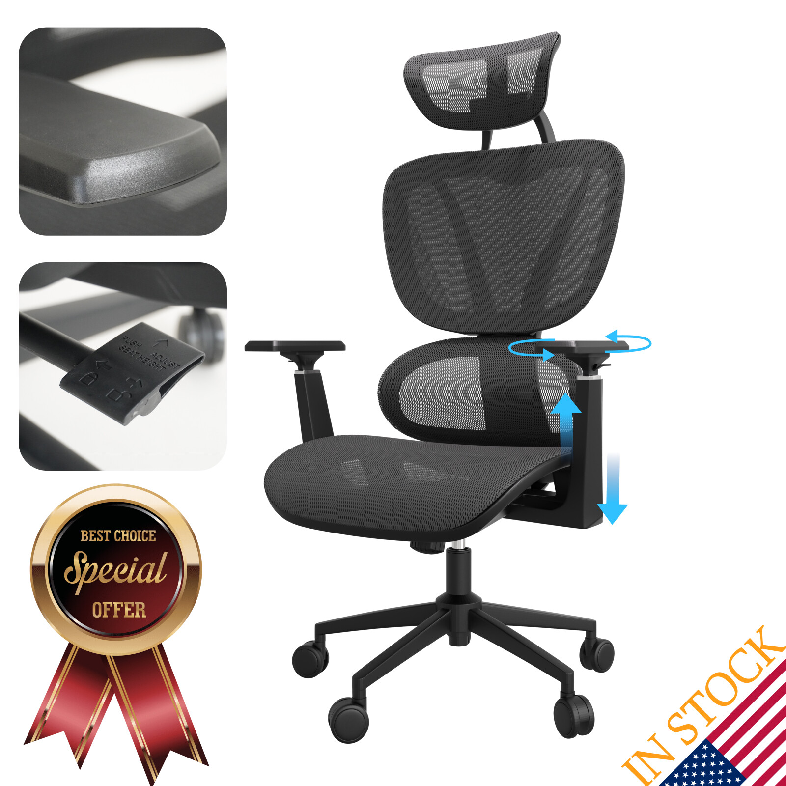 Ergonomic Mesh Office Chair with 3D Headrest & Lumbar Support-image