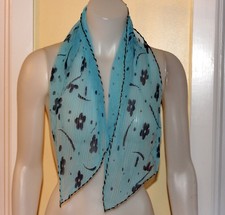 Vintage Sheer Neck Scarf Made In Japan Blue Floral With Gold Thread Stitching
