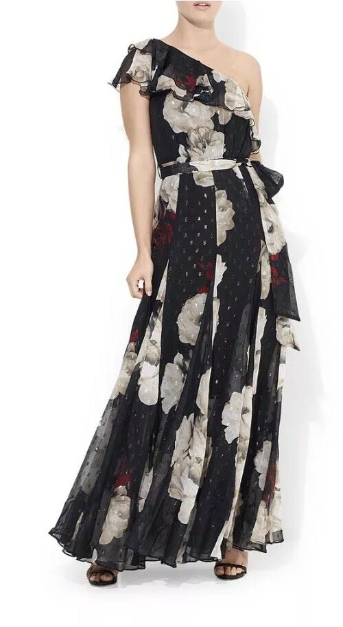 Montique OneShoulder LongSummerSize10 chiffon Dress Floral BlackCreme  RRP459 New