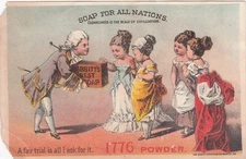 B T Babbitt 1776 Soap Powder Colonial Boy Selling Crate Vict Card c1880s