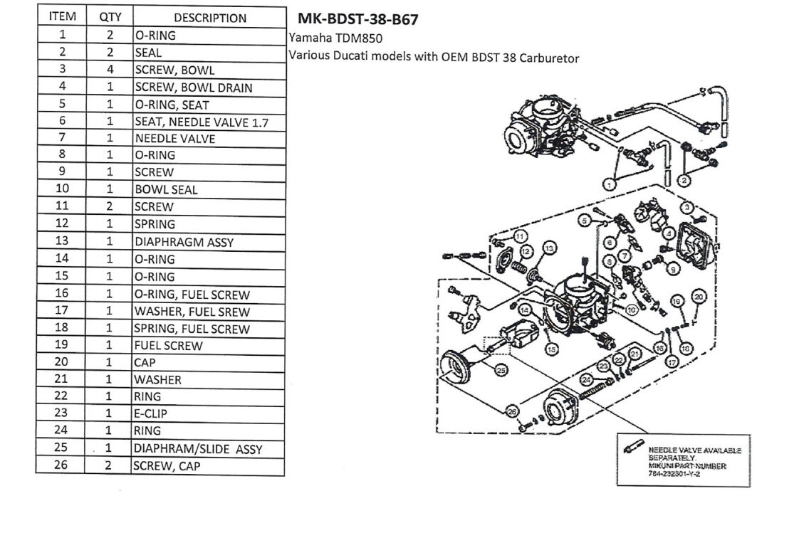Genuine Mikuni BDST38 Carburetor Rebuild Kit for Yamaha & Ducati