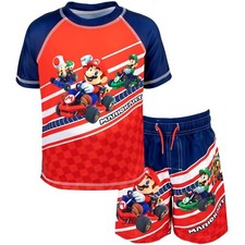 Sz 4-12 Super Mario Kart Swimsuit Set Swim Trunks Rash Guard Nintendo Boys Luigi
