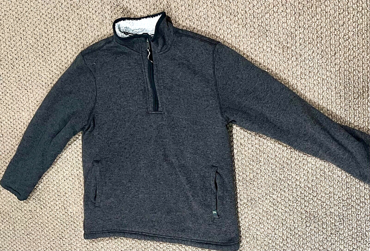 Orvis Warm Sweater Mens L Large Dark Gray Sherpa Lined Pullover Pockets 1/4 Zip