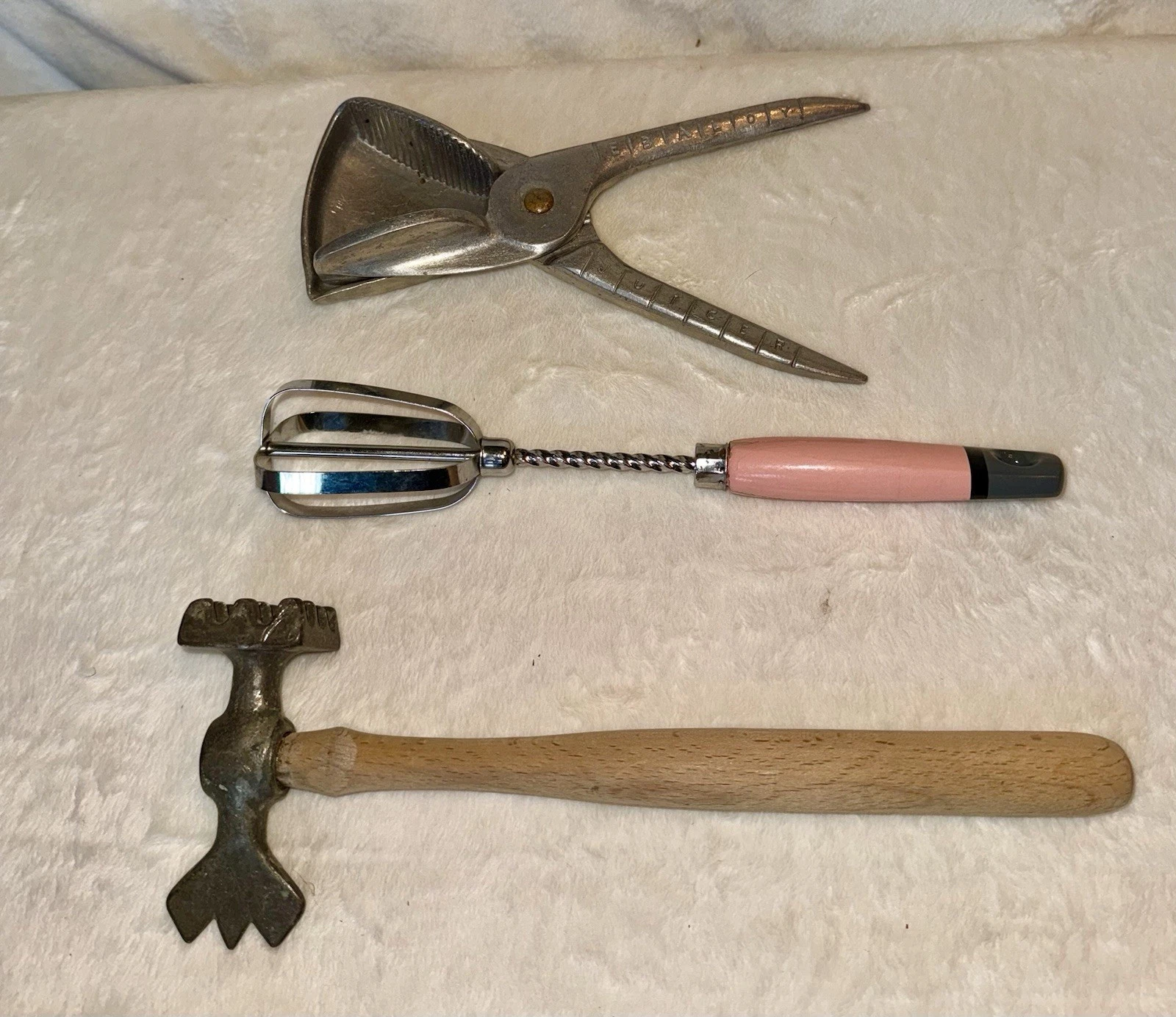 Vintage 1940s Kitchen Abaloy Citrus Juicer, EKCO Egg Beater, Meat Tenderizer