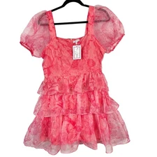 TCEC Boutique Women Dress Ruffled Up Mini Pink Floral Organza Puff Sleeve Large