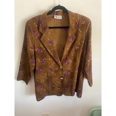 Maggie Sweet Vintage Brown Purple Floral Blazer Jacket Large Gold Buttons 90s