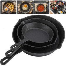 3ER SET GUSSEISEN-PFANNE PFANNENSET BRATPFANNE AUSGUSS GRILL 16/21/26CM DE