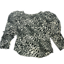Leopard Print Blouse Womens Size M 3/4 Sleeve Top Animal Print Grey Back Button