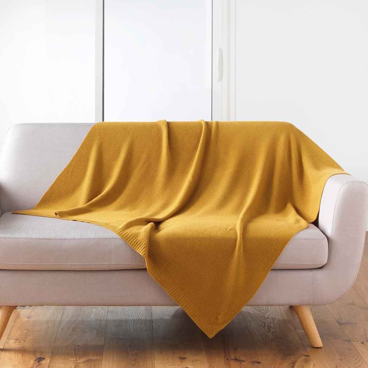 Plaid ocre Tricotine 125x150cm jeté de canapé en maille tricot
