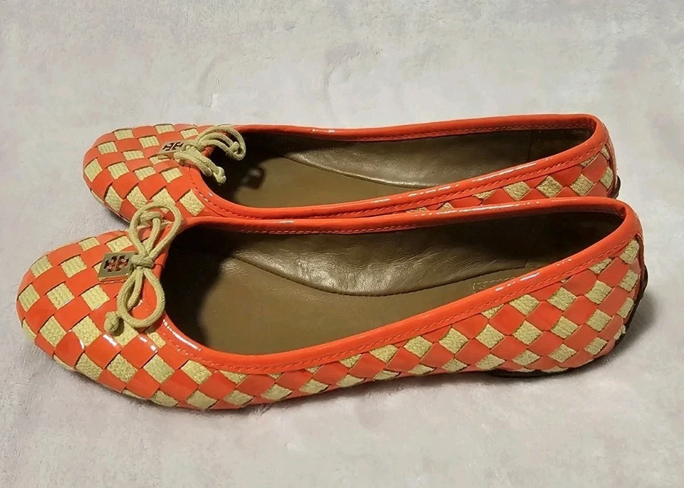 Женские туфли на плоской подошве Tory Burch оранжевые бежевые тканые клетчатые без застежек кожа размер 7 М - Изображение 2 из 4