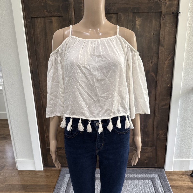 American Eagle Outfitters Ivory Cold Shoulder Tassel Hem Blouse Size small - 010