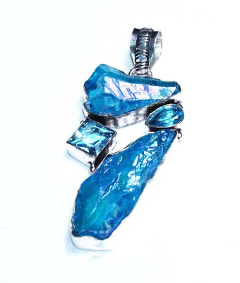 Sun Shine Druzy Hydro Blue Topaz Handmade Gemstone Jewelry Pendant Size 2.8 Inch