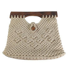 Vintage Beige Crochet Macrome Purse Handbag Wooden Handle 70s 80s Boho Hippie