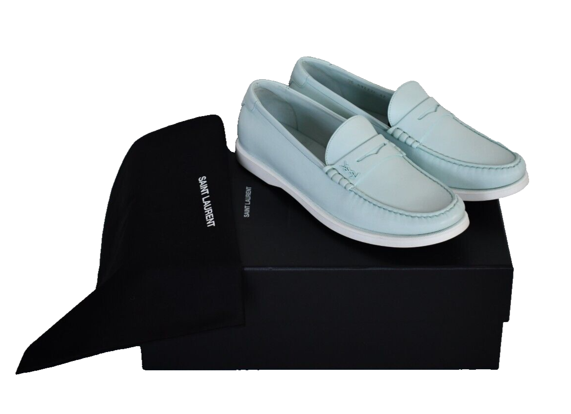 $745 NEW SAINT LAURENT Blue Leather LE LOAFER MONOGRAM PENNY