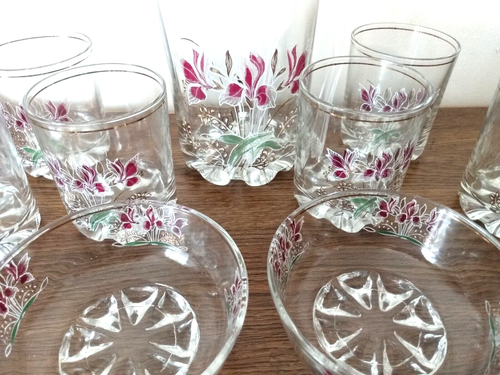 Barware Set Glass with Ice Bucket/Tongs, 6 Glasses, 2 Bowls, Floral Accents - Picture 5 of 12