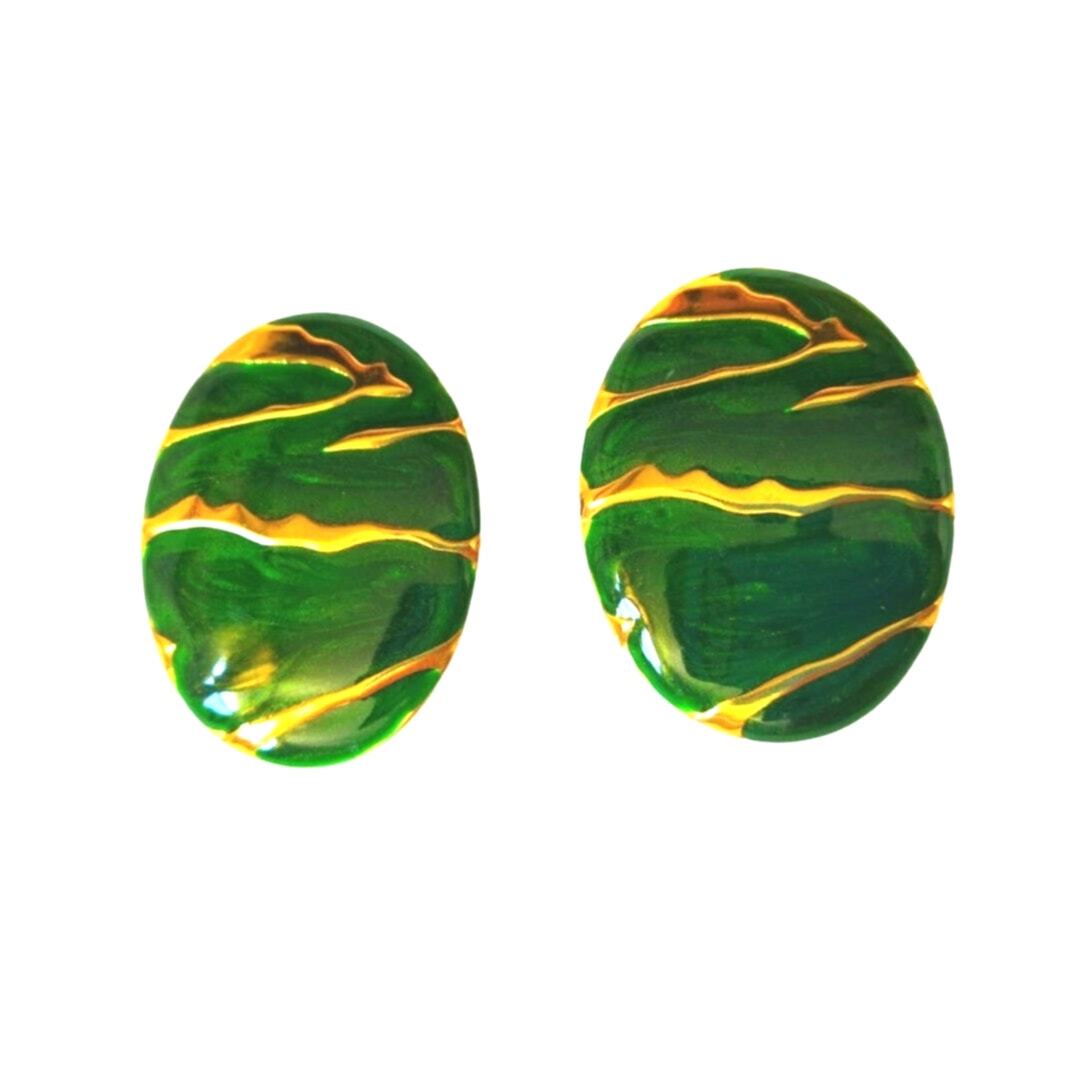 Vintage Green Enamel Yellow Gold Plated Oval Stud Clip-On Earrings