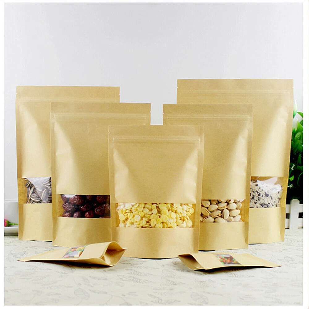 100 Pack Kraft Bags with Window Stand Up Seal Paper Bag Food