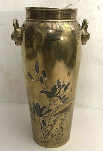 Excelente jarrón japonés de bronce con incrustaciones de metal mixto - Imagen 1 de 12