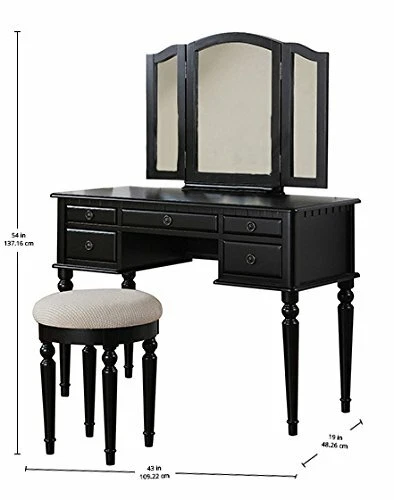 Mueble tocador de mesa de maquillaje con espejo plegable Bobkona negro con taburete 5 cajones Foto 3 de 4