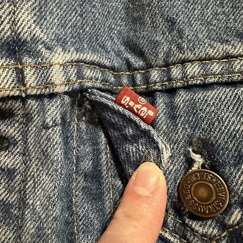 Vtg 80’sLevi's Jeans Denim Trucker Jacket Red Buffalo Plaid Lined Youth Med USA - Picture 13 of 14