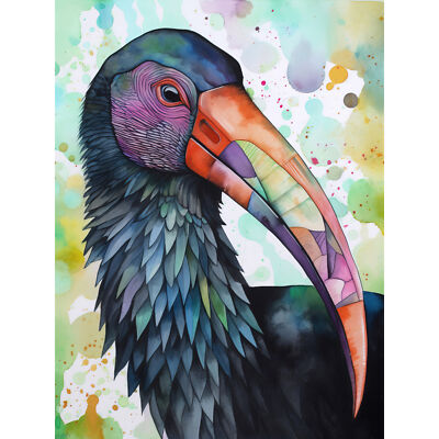 Northern Bald Ibis moderne Volkskunst Aquarell Wandkunstdruck Bild 18 x 24 Zoll