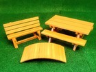 Dollhouse Garden Set - Picnic Table, Garden Bridge, Park Bench - Natural Cedar