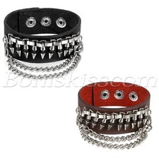 Men's Gothic Punk Rock Wide Leather Bullet Chain Wristband Bracelet Bangle Cuff
