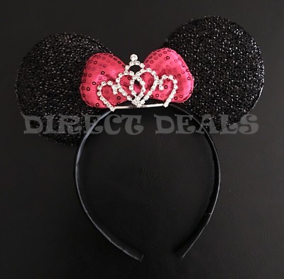 Minnie Mouse Ears BIG Sparkly Shiny Pretty Tiara Crown Black Pink Bow Headband