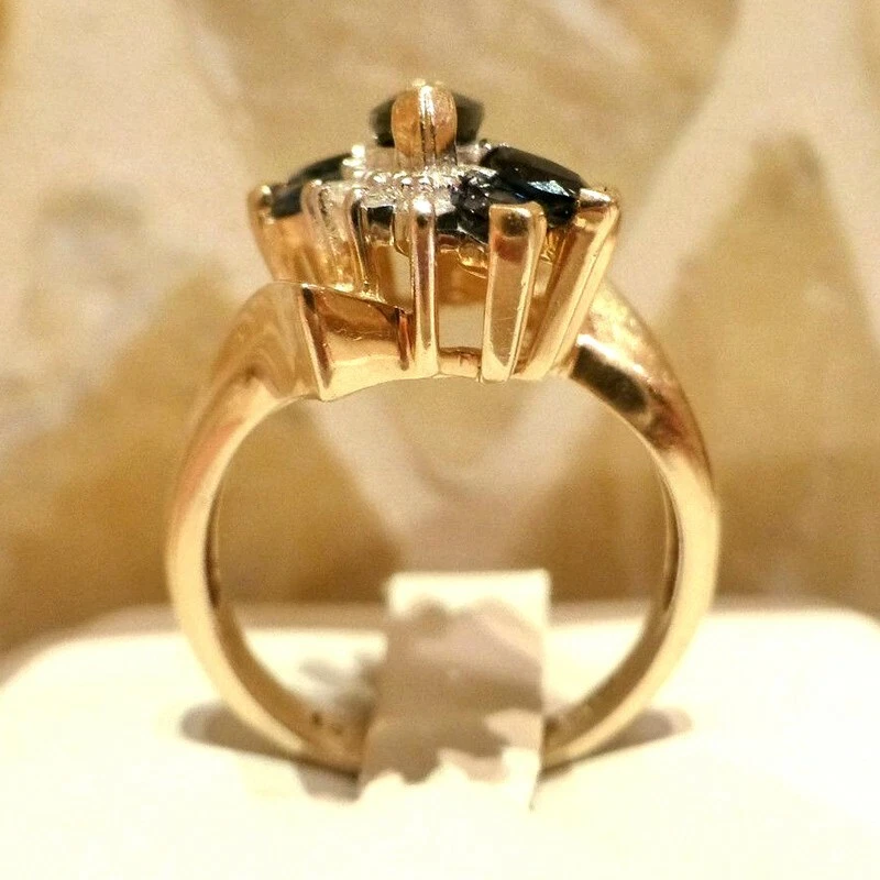 Vintage AJ 14k yellow gold marquise blue sapphire diamond white ring crossover