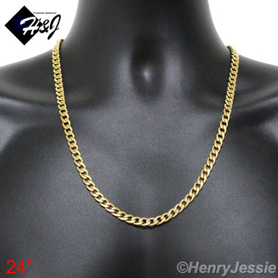 24''MEN's Stainless Steel 7mm Gold Plated Cuban Curb Link Chain Necklace