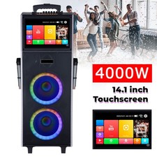 4000W Dual 10" Rechargeable Karaoke Speaker w/2 Wireless Mic 14.1" Touchscreen