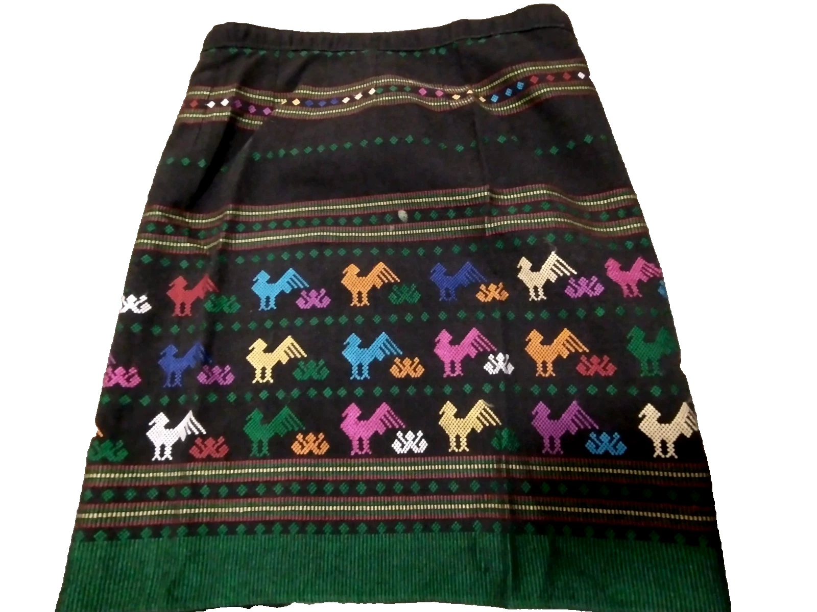 Vintage Women's Embroidered Folk Art Design Black Cotton Pullover Skirt W33 in
