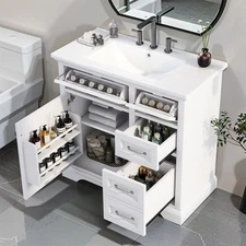 36" Bathroom Vanity w/ Ceramic Sink, 4 Drawers, Freestanding Bath Vanity Cabinet