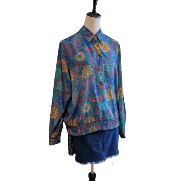 Vintage 90s Alfred Dunner Floral Button Up Shirt Womens Size 12 Teal Blouse