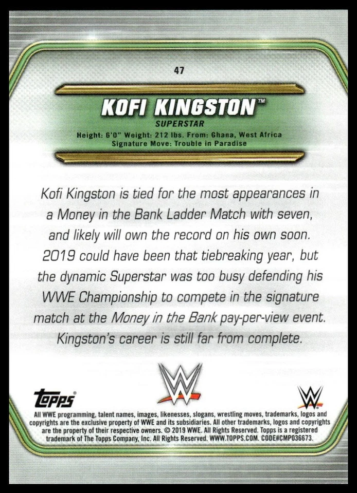 2019 Topps WWE Money in the Bank Kofi Kingston #47 Bronze - Image 2 of 2
