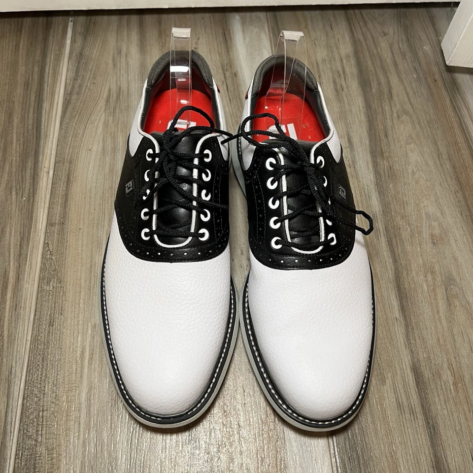 Zapatos de golf Footjoy Traditions 57924 sin clavos talla para hombre 10,5 cuero negro blanco Foto 3 de 4